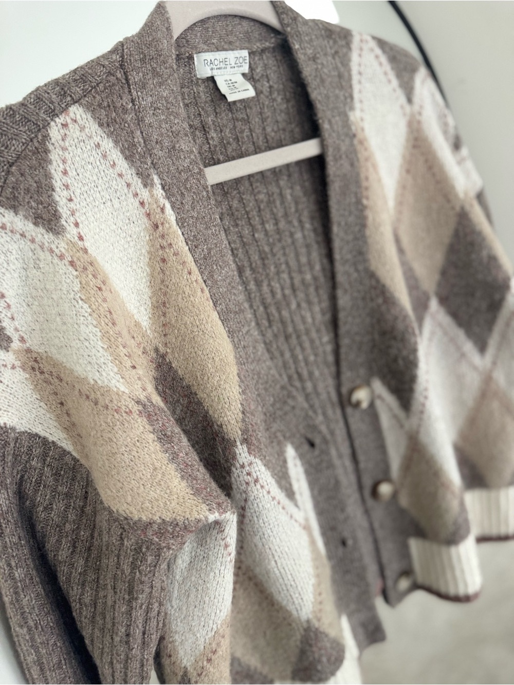 Rachel Zoe Taupe, Cream &‎ Beige Argyle Knit Cardigan - Picture 7 of 10